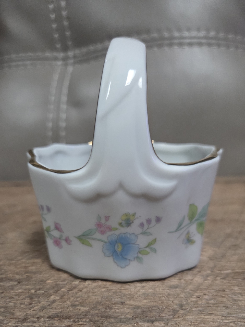 Vintage Japanese Miniature Porcelain Floral Trinket Basket, Scalloped Gold Trim